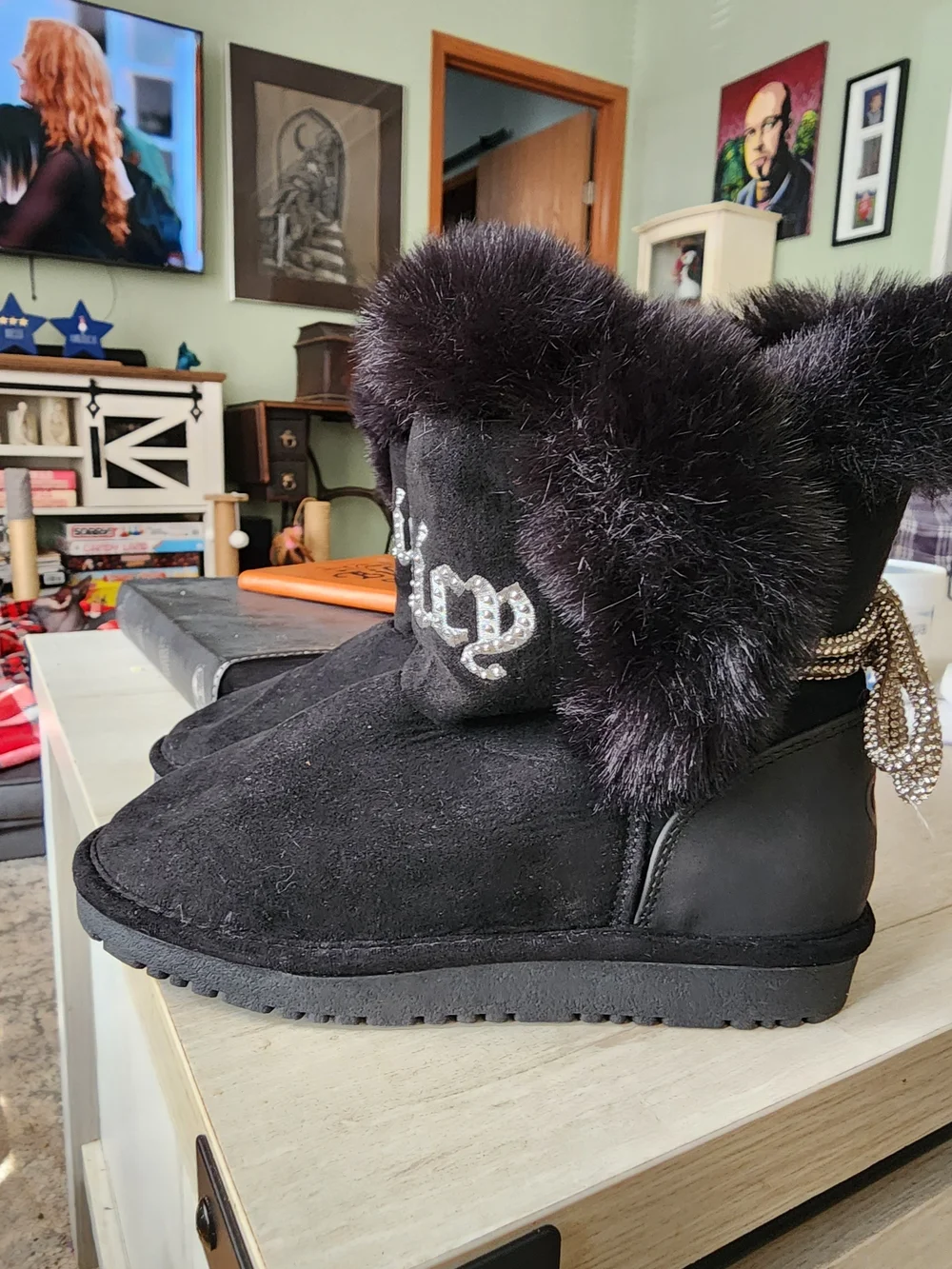 Juicy Couture Black Faux Fur Kids Boots with Rhinestone Laces